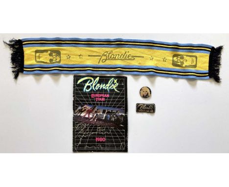 Blondie memorabilia to include: original c 1980 printed Blondie scarf, a EU tour 1980 sew on patch, a 1980 EU tour programme,