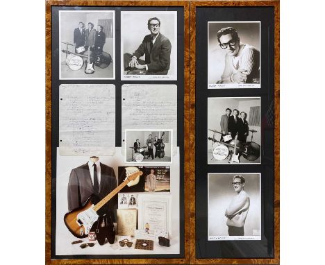 An incredible two-part framed display, with one frame displaying two pages of lined paper containing Buddy Holly's handwritte