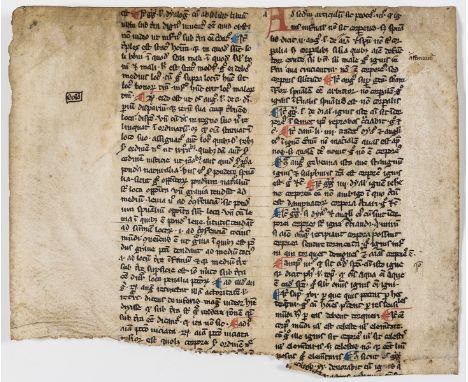 Medieval.- [Religious commentaries], manuscript in Latin, on vellum, in black ink, in a gothic bookhand, double column, initi
