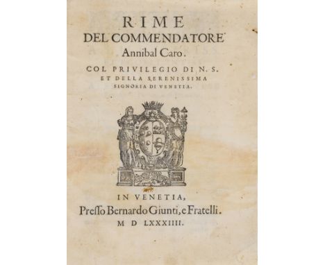 Caro (Annibale) Rime, title with woodcut printer's device, woodcut head-piece and decorative initials, water-stained, new end