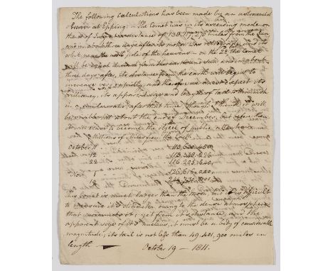 Great Comet of 1811.- [Account of the appearance of the Great Comet], manuscript, 2pp., folds, browned, 19th October 1811.⁂ "