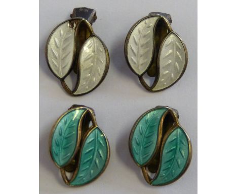 David Anderson, a pair of Norwegian silver gilt and green enamel leaf earclips and a matching white enamel pair