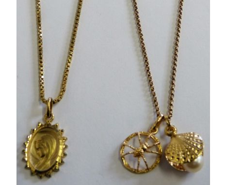 A 9ct gold spider pendant, chain, a pearl and oyster shell pendant and a Madonna pendant
