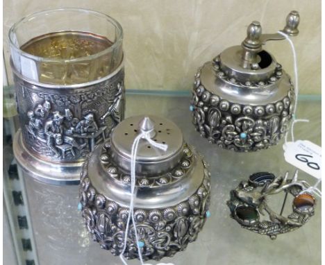 A large Scottish shawl brooch, a vintage Acciaio Guarantito (Italian) salt and pepper mills and a Dutch silver plated embosse