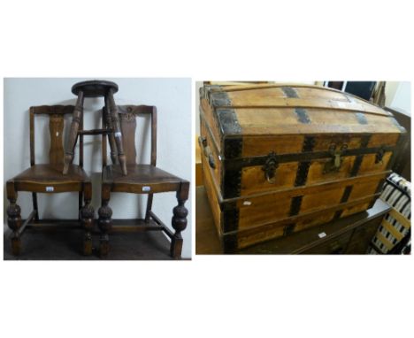 A Victorian iron-bound pine dome topped trunk, 88cm wide, an ash and elm turned leg stool, a pair of oak dining chairs and a 