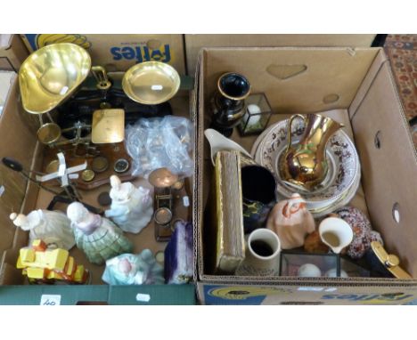 Two boxes of miscellaneous including kitchen scales, postal scales with weights, figurines, china, painted eggs in cases, jug