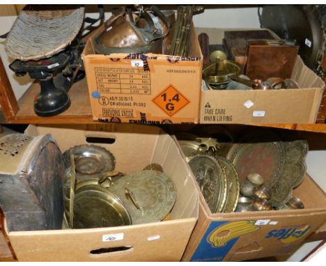 Metalware - including a set of scales, fire irons, jam pans, copper kettles, plated goblets, brass trays, copper water bottle