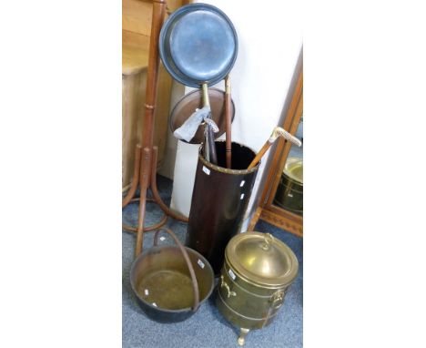 A stick stand with contents of walking sticks, together with a brass jam pan and a brass coal box (3)