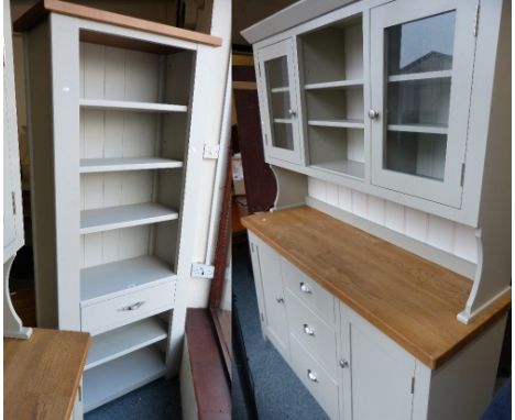 A bespoke grey painted kitchen dresser unit by North Bar Kitchens and Interiors of Beverley with part glazed top, oak block w