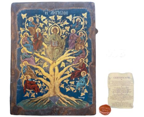 Polychrome rectangular icon, canvas mounted on panel about "Christ The Vine" tree of spirituality. according to Angelos "Fath