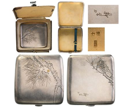 Silver cigarette case, very elegant extra flat square model, thumb rest, recto and verso engravings with naturalistic subject