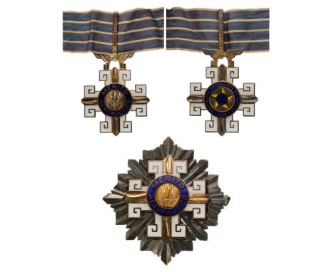 Grand Officer's Set, 2nd Class, instituted in 1943. Neck Badge, 73x61 mm, gilt Silver, both sides enameled, both central meda