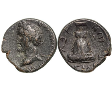  Laureate head left / Tetrastyle temple without pediment atop hill. BMC 124. R! VF