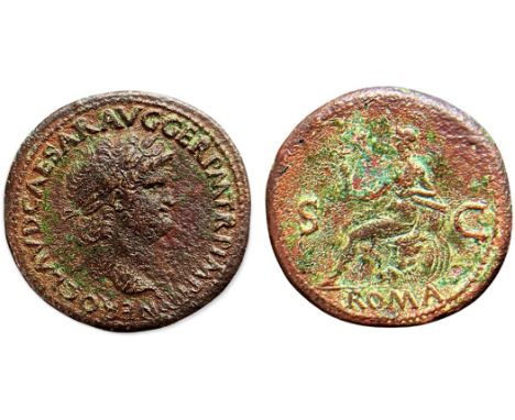 NERO CLAVDIVS CAESAR AVG GER P M TR P P P; laureate bust right/  S C across field, ROMA in exergue, Roma seated  left on cuir