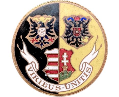 Patriotic Badge with the coat of arms of the German Empire, Austria and Hungary. Breast Badge, 30 mm, gilt Metal, maker`s mar