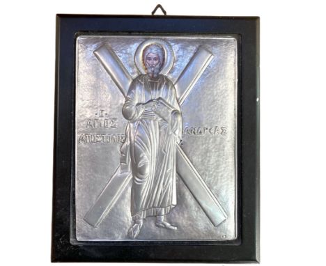 Polychrome rectangular icon (probably on panel), representation of the Saint apostle Andrew only visible by his face, the pai
