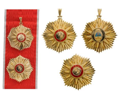 Grand Cross Set, 1st Class, insttitued in 1957. Sash Badge, gilt Copper, 78 mm, central medallions gilt, enameled, original s
