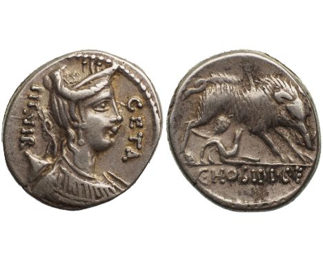  GETA / III VIR,  Diademed and draped bust of Diana to right, with bow and quiver over her shoulder/ C HOSIDI C F Boar advanc