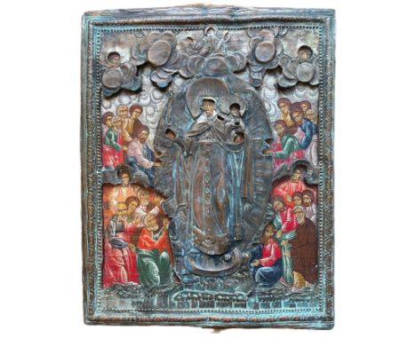 Polychrome rectangular icon on wood panel and metal beaded oklad, representation of a large assembly made up of the Archangel