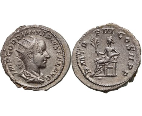 IMP GORDIANVS PIVS FEL AVG, radiate, draped and cuirassed bust to right / P M TR P IIII COS II P P, Apollo seated to left, h