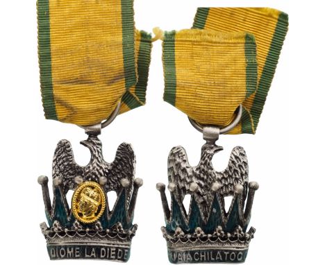 Knight`s Badge, 34x26 mm, Silver, with the Imperial eagle resting on blue enameled pointed crown with ball finials, the obver