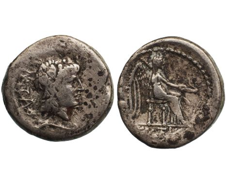 M. CATO, Head pf Liber right/ Victory seated right on throne, holding palm frond and patera, VICTRIX in excegue. Crawford 343