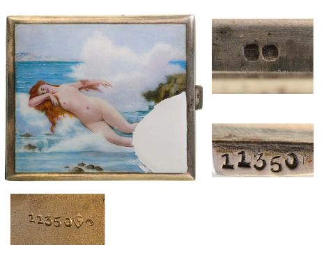 Silver cigarette case, elegant flat model, pushbutton, golden interior, neutral back without decoration, recto  illustrated w