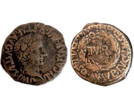  TI CAESAR AVG F AVGVSTVS IMP, laureate head right/  MVN TVRIASO MN SVLP LVCAN M SEMP FRONT, II VIR inside wreath. ACIP-3286.