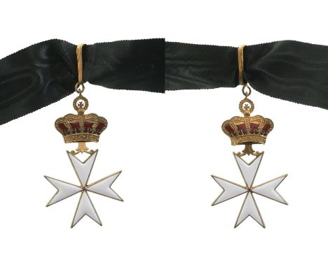 Commander's Cross. Neck Badge, 91x51 mm., gilt Bronze, enameled, original enameled crown suspension device and silk ribbon. N