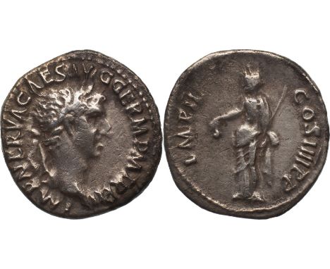  IMP NERVA CAES AVG P M TR P COS II P P, Laureate head right/  IMP II COS IIII P P, Libertas standing left, holding pileus an
