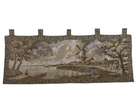 Decorative mechanical tapestry "door top" wall art hanging in cotton, Flemish scene with the fisherman and the mill, dominant