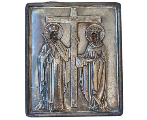 Polychrome rectangular icon on panel, faces painted visible under oklad in silver, representation in pageantry of the Emperor