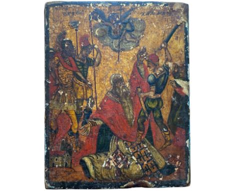 Polychrome rectangular icon on panel, about the beheading of Saint Christopher of Lycia, "the reprobate giant" who according 