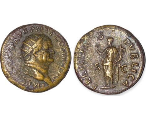  IMP CAES VESP AVG P M T P COS VII, Radiate head right/ FELICITAS PVBLICA, Felicitas standing left, holding caduceus and corn