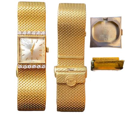 Gold 18 ct. International Watch Company ladies watch with 12 diamonds, manual mouvement, hallmarked "18k- Helvetia head", com