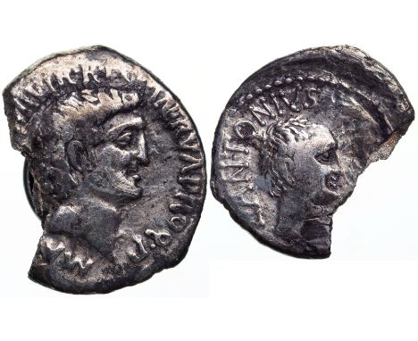  M ANT IMP AVG III VIR RPC M NERVA PROQ P, bare head of Marc Anton right / L ANTONIVS COS bare head of Lucius Antonius right.