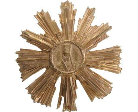 2nd Class (1966). Breast Star, 60x66 mm, GOLD, 40.3 g, center enameled, 10 groups of rays, reverse with short horizontal pin,