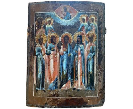 Polychrome rectangular icon on panel, on the subject of an assembly of holy figures surrouding Christ : we can distinguish th