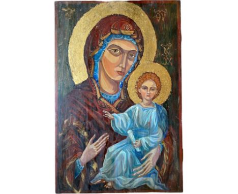 Polychrome rectangular icon on panel, mother of Jesus the child in her arms in the Odigitria tradition (see Mother of God Ive