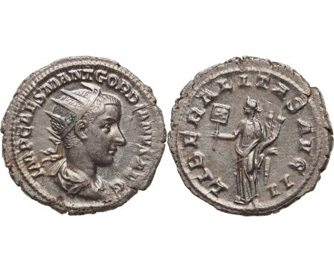 IMP CAES M ANT GORDIANVS AVG, radiate, draped and cuirassed bust to right / LIBERALITAS AVG II, Liberalitas standing facing, 