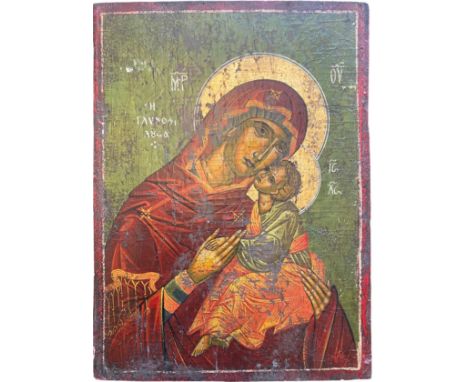 Polychrome rectangular icon on panel about the loving mother of Jesus in the Oumilenie tradition, the child in her arms. Beau