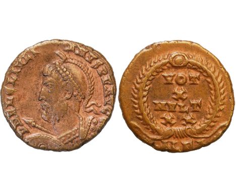 D N FL CL IVLIANVS P F AVG, cuirassed bust with shield, lance and pearl diadem to the left/ VOT X MVLT XX in four lines, with