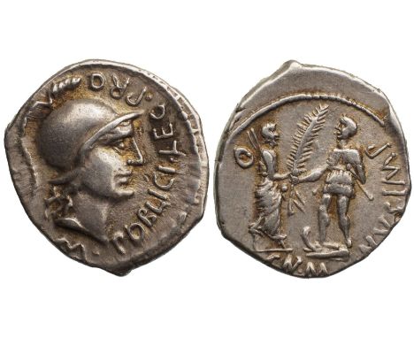 M POBLICI LEG PRO PR, Helmeted head of Roma right / CN  MAG NVS  IMP, Hispania standing right, shield on her back, holding tw