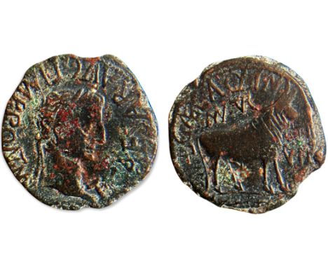TI. CAESAR AVG. F. IMP. PONT. M., laureate head right/ L. CAEC. AQVIN. M. GELES PALVS II VIR II VIR MVN. TVR, bull standing r