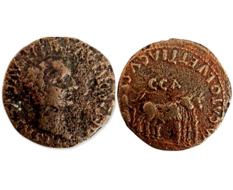 TI CAESAR DIVI AVGVSTI F AVGVSTVS, Laureate head left/ M CATTOL VETTIACVS / CCAA, priest plowing with team of oxen. In exergu