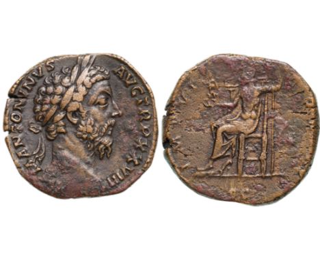 M ANTONINVS AVG TR P XXVIII, laureate bust right/ IMP VI COS III SC, Jupiter seated left holding Victory and sceptre. RIC 109