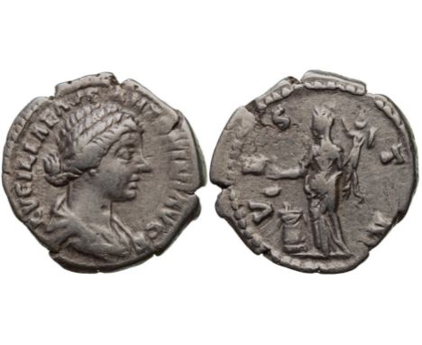 LVCILLAE AVG ANTONINI AVG F, draped bust right / VESTA, Vesta, veiled, sacrificing left from ladle over altar and holding Pal