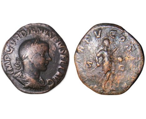 IMP GORDIANVS PIVS FEL AVG;  laureate, draped and cuirassed bust of Gordian III to right, seen from behind/ P M TR P V COS II