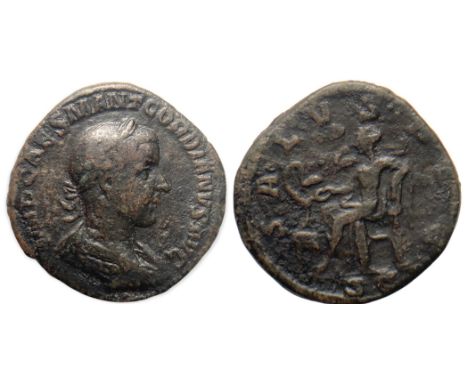  IMP CAES M ANT GORDIANVS AVG, laureate, draped, cuirassed bust right / SALVS AVG, Salus seated left, feeding snake coiled ro