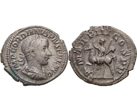 IMP GORDIANVS PIVS FEL AVG, laureate and draped bust right/ P M TR P III COS P P, horse and rider left. RIC 81. VF+